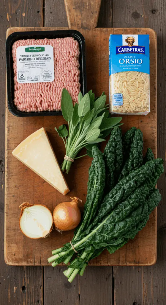 The simple, fresh ingredients for the classic and cozy Turkey Sage Meatballs and Creamy Kale Orzo recipe.