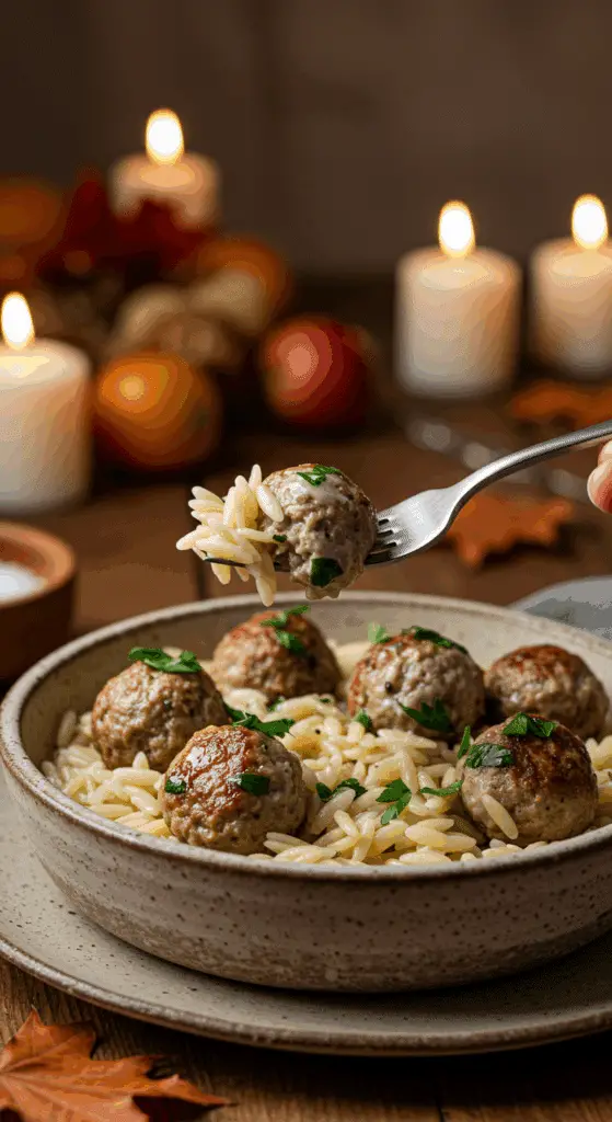 A cozy bowl of homemade, creamy Turkey Sage Meatballs and Orzo being enjoyed for a casual family dinner.