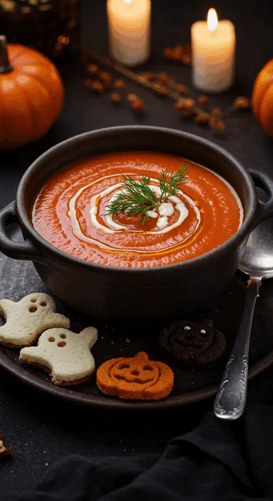 A beautiful, rustic "cauldron" bowl of homemade, spooky, and creamy "Vampire Blood" Tomato Soup, with cute, Halloween-shaped mini sandwiches for dipping.