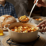 The finished pot of homemade, hearty Tortellini Soup being served at a cozy family dinner.