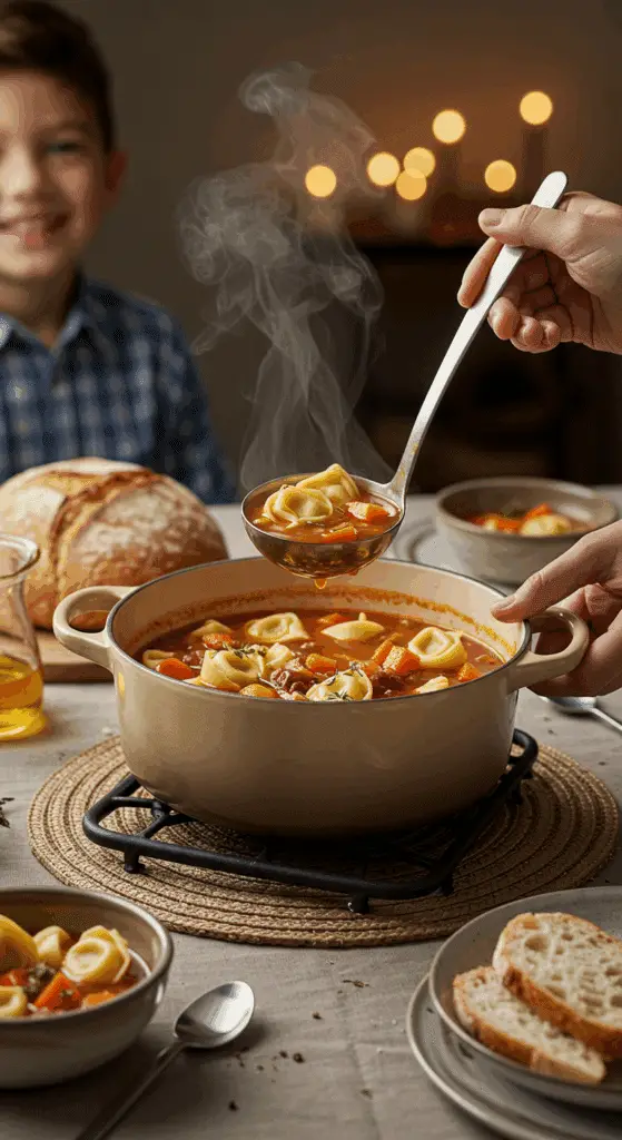 The finished pot of homemade, hearty Tortellini Soup being served at a cozy family dinner.