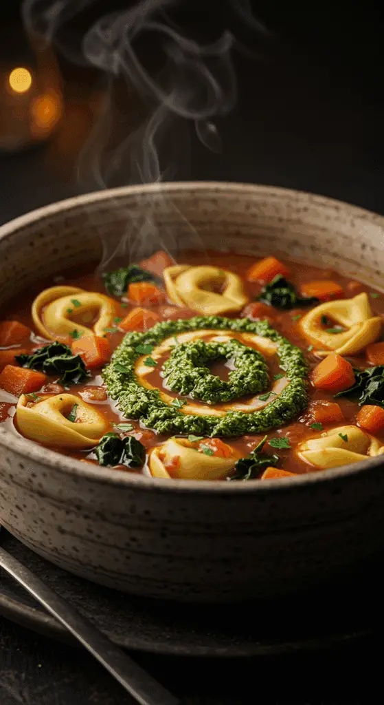 A beautiful, rustic bowl of homemade, hearty Vegetable Tortellini Soup, packed with tortellini and vegetables, and garnished with a swirl of kale pesto.