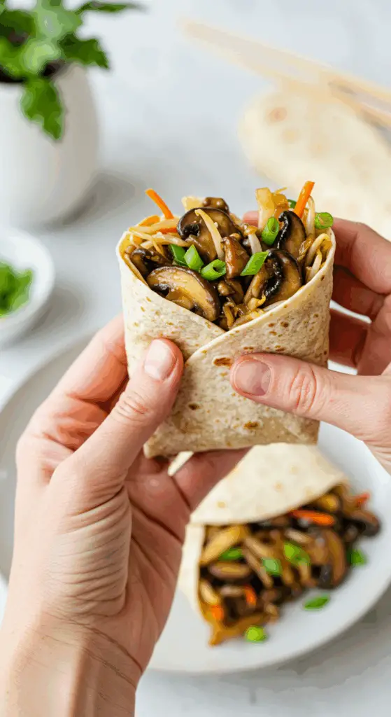 A hand holding a beautiful, overflowing, homemade Vegetarian Moo Shu Wrap, about to take a bite.