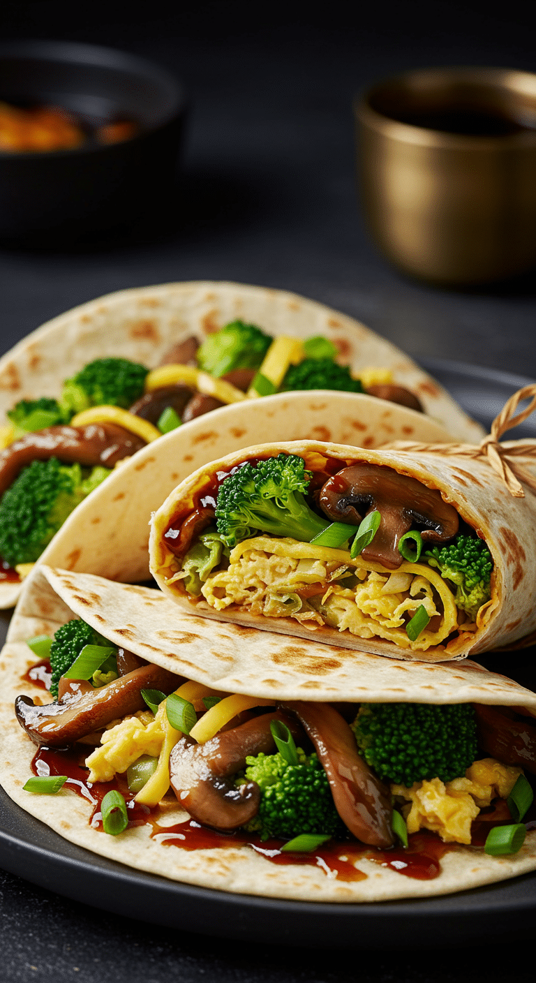 A beautiful, rustic platter of three homemade, healthy, and fresh Vegetarian Moo Shu Wraps, filled with a savory mushroom and vegetable stir-fry.