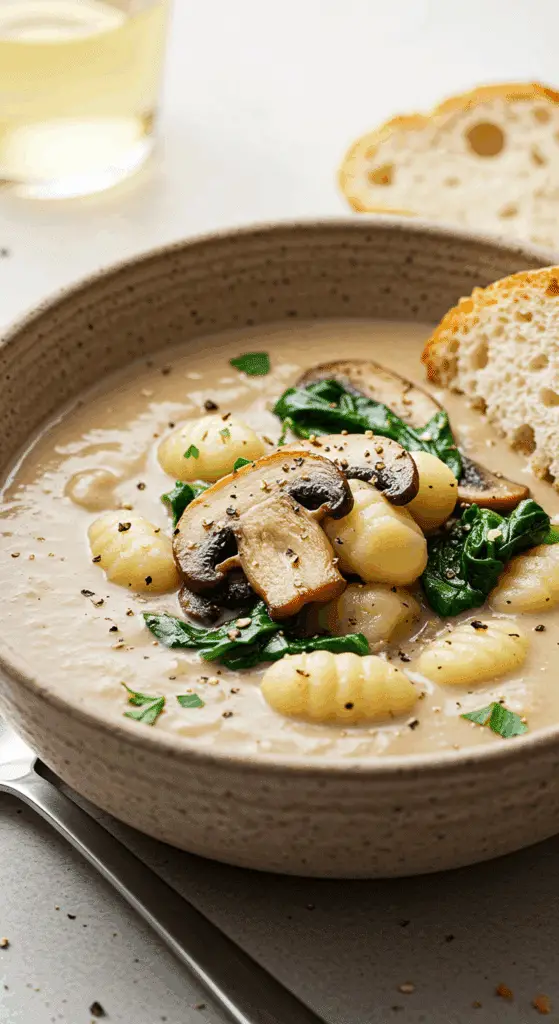 A beautiful, rustic bowl of homemade, creamy Vegetarian Mushroom Gnocchi Soup, with pillowy gnocchi, savory seared mushrooms, and fresh spinach.