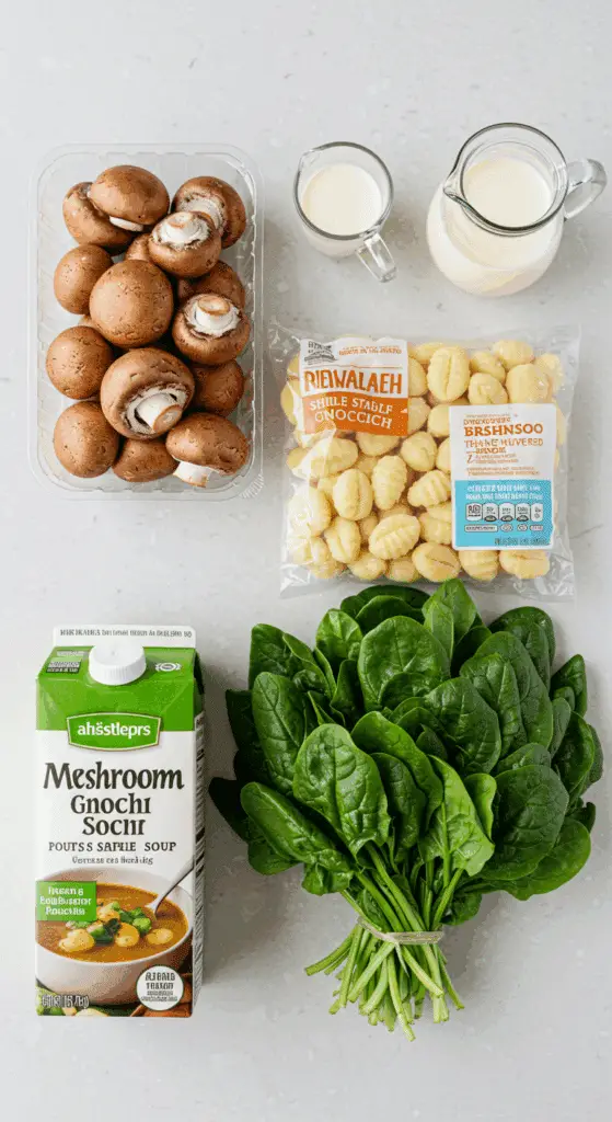 The simple, from-scratch ingredients for the classic and creamy Vegetarian Mushroom Gnocchi Soup recipe.