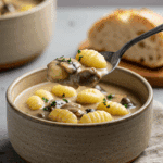 A cozy bowl of homemade, creamy Vegetarian Mushroom Gnocchi Soup being served for a casual family dinner.