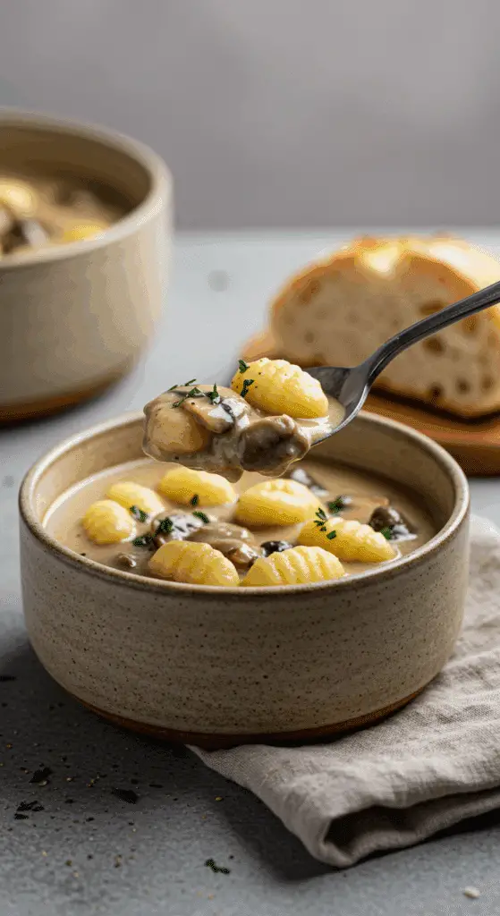 A cozy bowl of homemade, creamy Vegetarian Mushroom Gnocchi Soup being served for a casual family dinner.