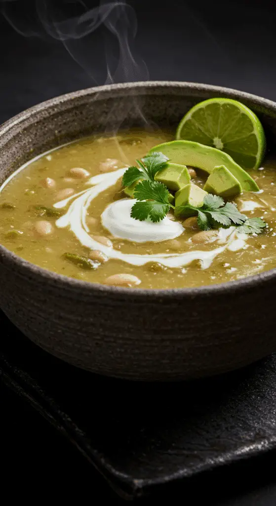 A beautiful, rustic bowl of homemade, creamy, and spicy White Bean Soup, garnished with a swirl of sour cream, avocado, and cilantro.
