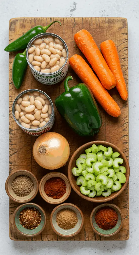 The fresh, from-scratch ingredients for the classic, easy, and hearty White Bean Soup recipe.