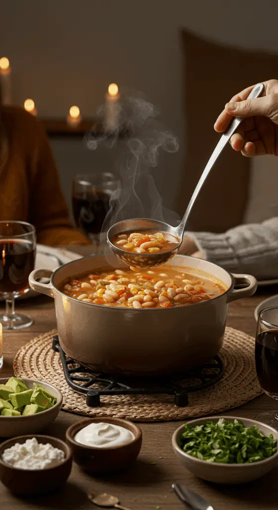 The finished pot of homemade, creamy White Bean Soup being served at a cozy family dinner with a toppings bar.