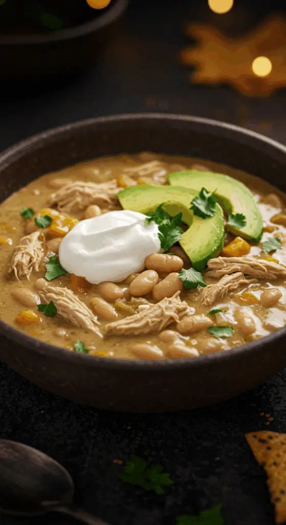 A beautiful, rustic bowl of hearty, homemade, Creamy White Chicken Chili, garnished with sour cream, avocado, and cilantro.