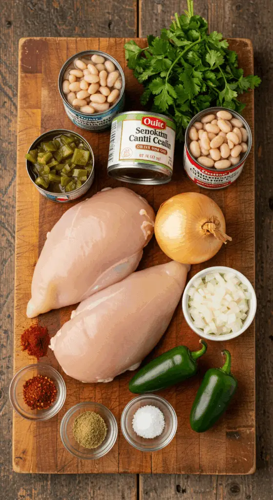 The fresh, wholesome ingredients for the hearty, from-scratch Creamy White Chicken Chili recipe.