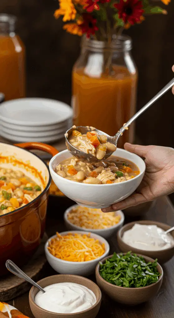 A large pot of homemade Creamy White Chicken Chili being served at a fun fall party with a toppings bar.