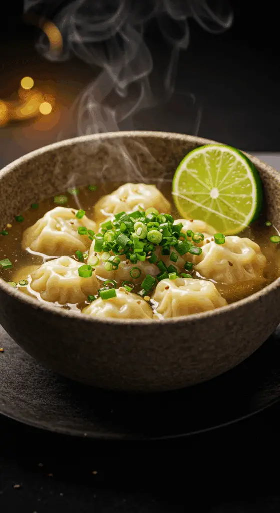 A beautiful, rustic bowl of homemade, easy, and quick 15-Minute Wonton Soup, with plump mini wontons in a clear, aromatic broth, garnished with fresh green onions.