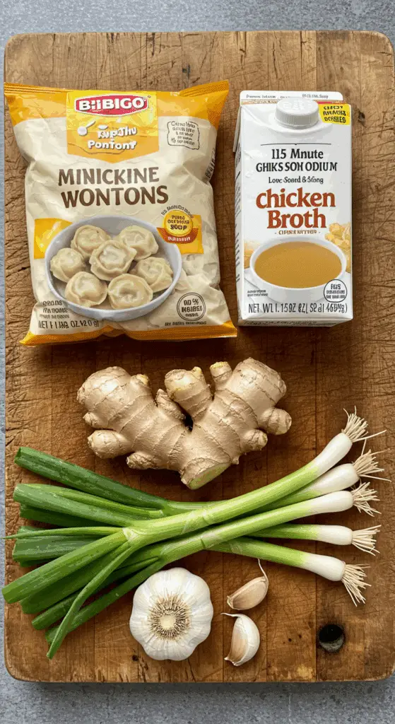 The simple, fresh ingredients for the classic, easy, and quick 15-Minute Wonton Soup recipe.