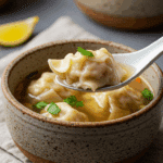 A cozy bowl of homemade, easy 15-Minute Wonton Soup being enjoyed with a spoon at a casual family dinner.