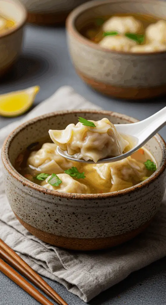 A cozy bowl of homemade, easy 15-Minute Wonton Soup being enjoyed with a spoon at a casual family dinner.