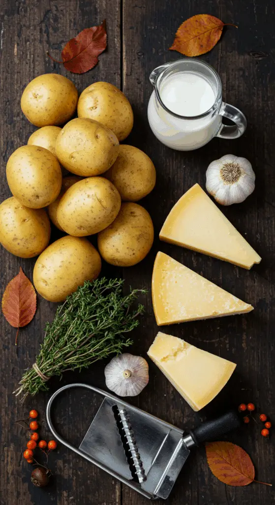 The simple, from-scratch ingredients for the classic and impressive Holiday Sheet-Pan Scalloped Potatoes.