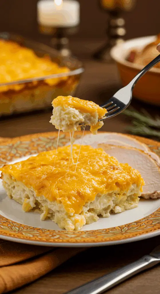 A beautiful plate of a homemade, elegant, and crispy All-Crust Scalloped Potatoes, being served with a thick slice of a roasted turkey at a Thanksgiving dinner.