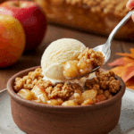 A beautiful bowl of a homemade, elegant, and crispy Apple and Pear Crisp, being served with a large, melting scoop of vanilla bean ice cream at a Thanksgiving dinner.