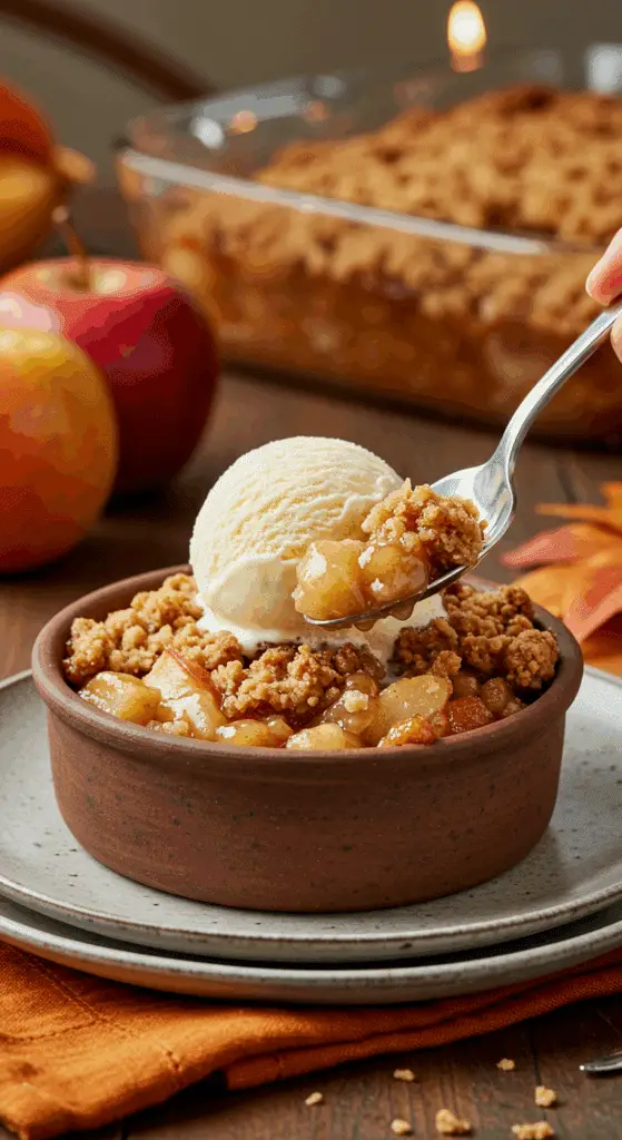 A beautiful bowl of a homemade, elegant, and crispy Apple and Pear Crisp, being served with a large, melting scoop of vanilla bean ice cream at a Thanksgiving dinner.