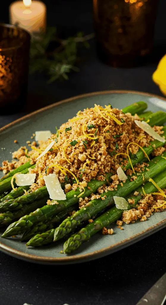 A beautiful, rustic serving platter of homemade, easy, and elegant Asparagus with Meyer Lemon Breadcrumbs, with a crispy, golden-brown panko topping and fresh lemon zest.