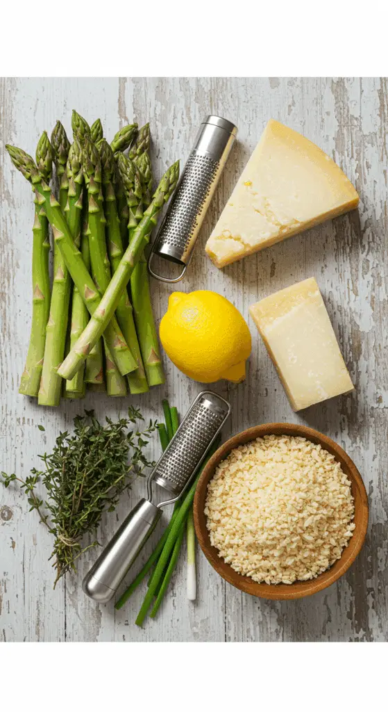 The simple, from-scratch ingredients for the classic and impressive Holiday Asparagus with Meyer Lemon Breadcrumbs.