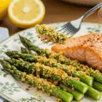 A beautiful plate of a homemade, elegant, and crispy-topped Asparagus with Meyer Lemon Breadcrumbs, being served with a thick slice of a roasted salmon at an Easter dinner.