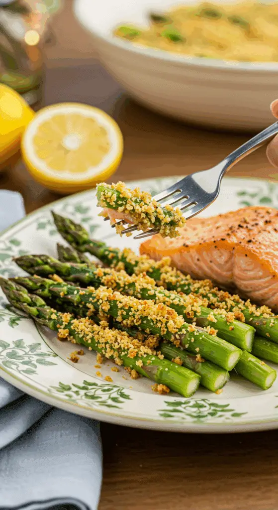 A beautiful plate of a homemade, elegant, and crispy-topped Asparagus with Meyer Lemon Breadcrumbs, being served with a thick slice of a roasted salmon at an Easter dinner.