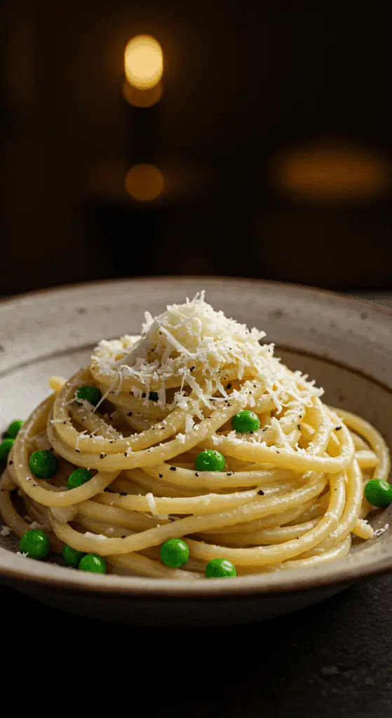 A beautiful, rustic bowl of homemade, creamy, and authentic Bucatini Cacio e Pepe, with a luscious, non-clumpy cheese and pepper sauce.