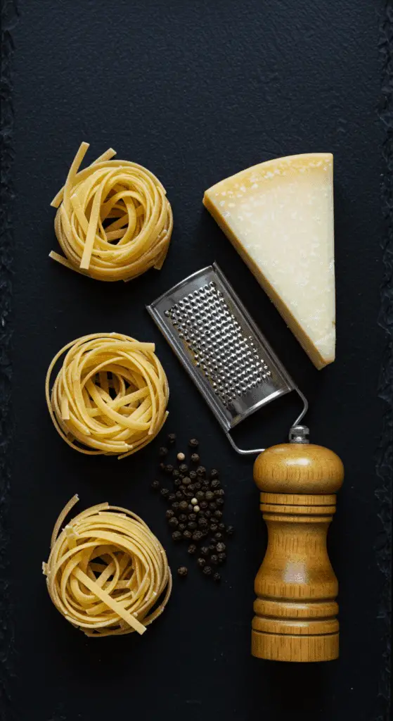The simple, from-scratch, high-quality ingredients for the classic and authentic Cacio e Pepe recipe.