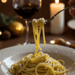 An elegant plate of homemade, creamy Cacio e Pepe being enjoyed for a sophisticated and romantic, candlelit dinner.