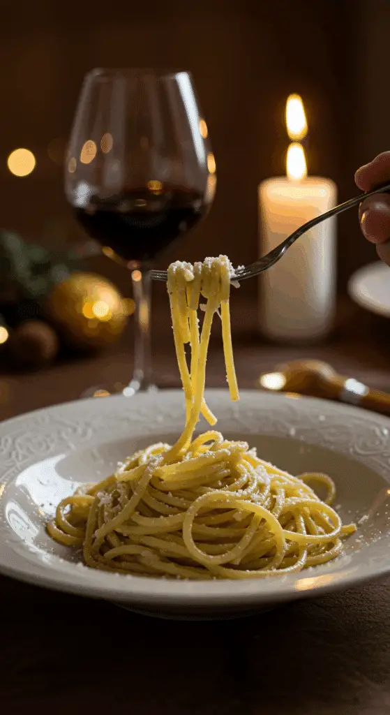 An elegant plate of homemade, creamy Cacio e Pepe being enjoyed for a sophisticated and romantic, candlelit dinner.