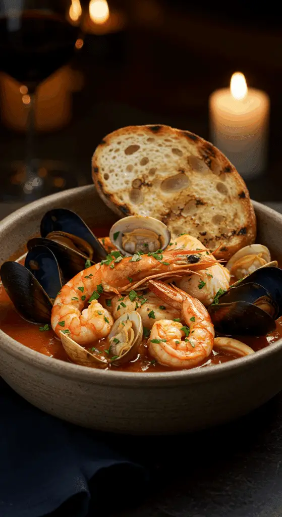 A beautiful, rustic bowl of homemade, authentic Cioppino, with a rich red broth and a beautiful medley of fresh clams, mussels, and shrimp.