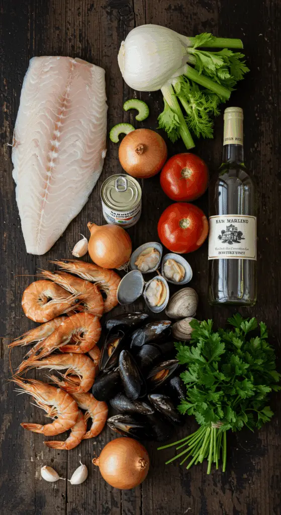 The simple, from-scratch ingredients for the classic and authentic Cioppino seafood stew.