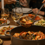 The large, homemade, impressive, and beautiful Dutch oven of Cioppino being served as the centerpiece at a fun and sophisticated dinner party.