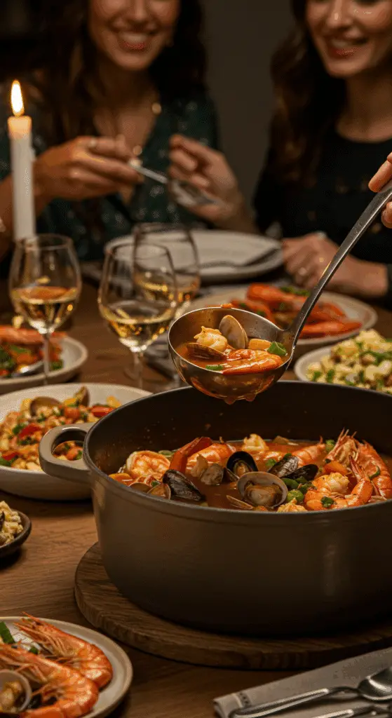 The large, homemade, impressive, and beautiful Dutch oven of Cioppino being served as the centerpiece at a fun and sophisticated dinner party.