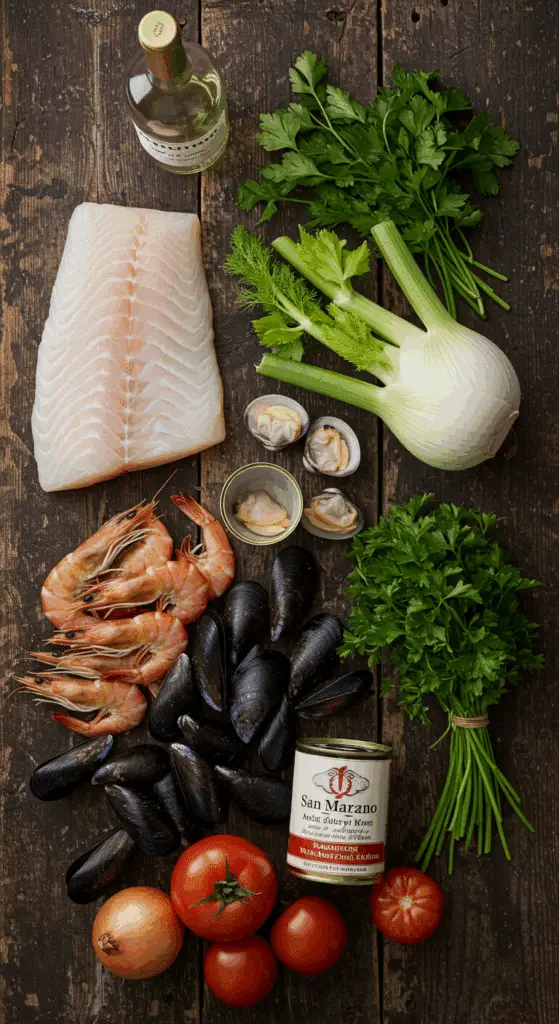 The simple, from-scratch ingredients for the classic and authentic Cioppino seafood stew.