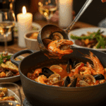 The large, homemade, impressive, and beautiful Dutch oven of Cioppino being served as the centerpiece at a fun and sophisticated dinner party.