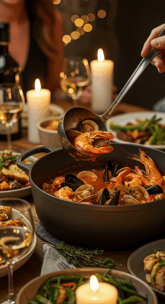 The large, homemade, impressive, and beautiful Dutch oven of Cioppino being served as the centerpiece at a fun and sophisticated dinner party.