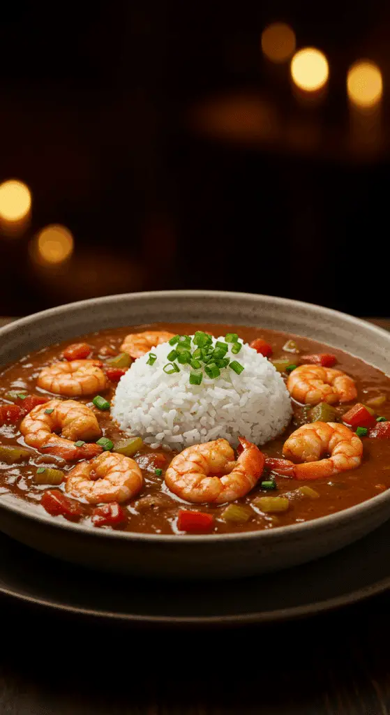 A beautiful, rustic bowl of homemade, authentic, and dark Shrimp Gumbo, packed with plump shrimp and vegetables, and served with a scoop of rice in the center.