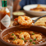A cozy bowl of homemade, hearty Shrimp Gumbo being enjoyed with a spoon at a casual family dinner.