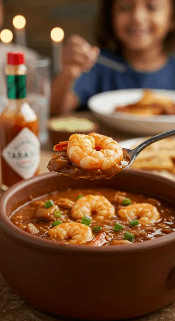 A cozy bowl of homemade, hearty Shrimp Gumbo being enjoyed with a spoon at a casual family dinner.