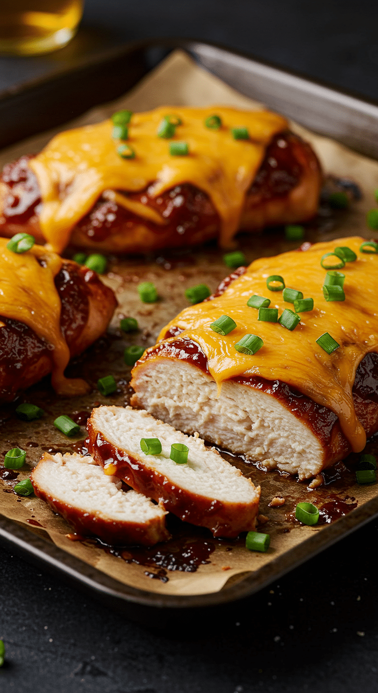 A beautiful, rustic baking sheet of homemade, juicy, and cheesy Baked BBQ Chicken, with one chicken breast sliced to show the moist interior.