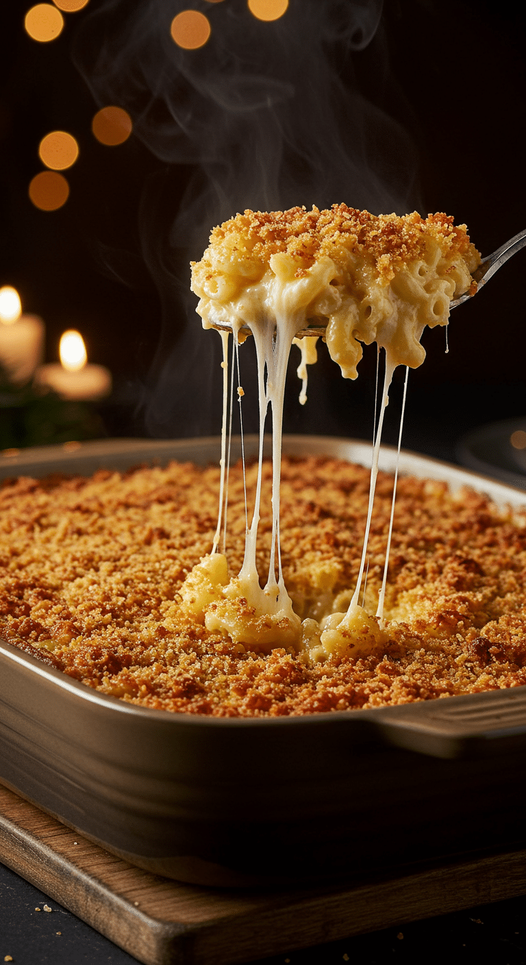 A beautiful, rustic baking dish of homemade, easy, and classic Baked Mac and Cheese, with a golden-brown, crispy crust and a creamy, cheesy scoop being lifted out with an epic cheese pull.