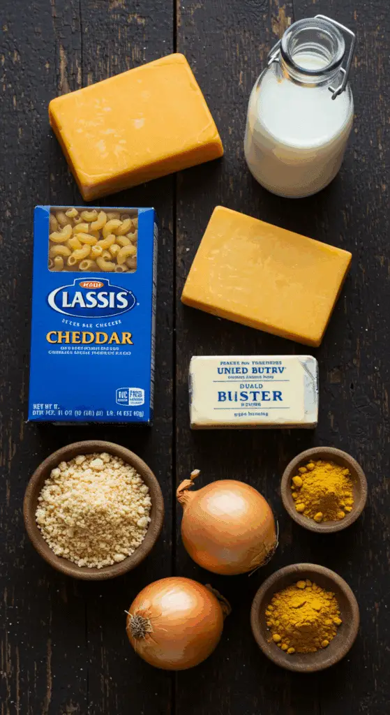 The simple, from-scratch ingredients for the classic and impressive Holiday Baked Mac and Cheese.
