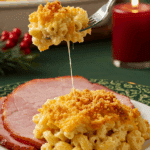 A beautiful plate of a homemade, elegant, and crispy-topped Baked Mac and Cheese, being served with a thick slice of a glazed ham at a holiday dinner.