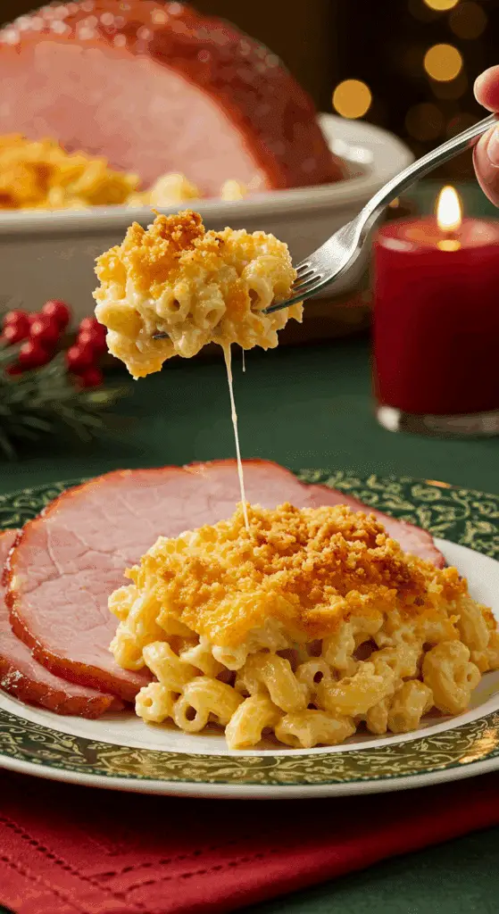 A beautiful plate of a homemade, elegant, and crispy-topped Baked Mac and Cheese, being served with a thick slice of a glazed ham at a holiday dinner.