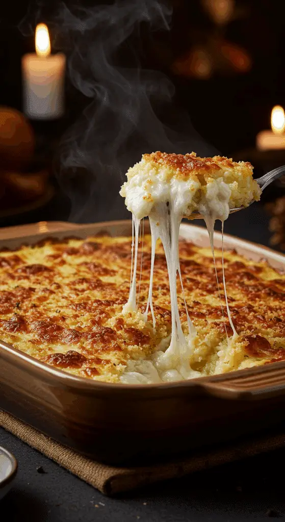 A beautiful, rustic baking dish of homemade, easy, and creamy Baked Mashed Potatoes, with a golden-brown, crispy crust and a creamy, cheesy scoop being lifted out with an epic cheese pull.